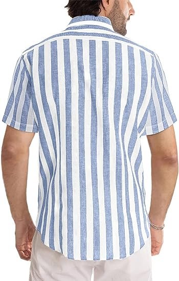 Men's Casual Short Sleeve Button Striped Cotton Shirt