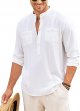 Men's Linen Henley Shirt Long Sleeve Casual  Cotton Beach T Shirts