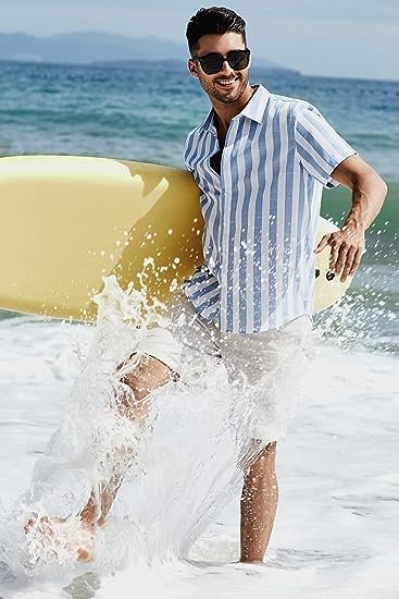 Men's Casual Short Sleeve Button Striped Cotton Shirt